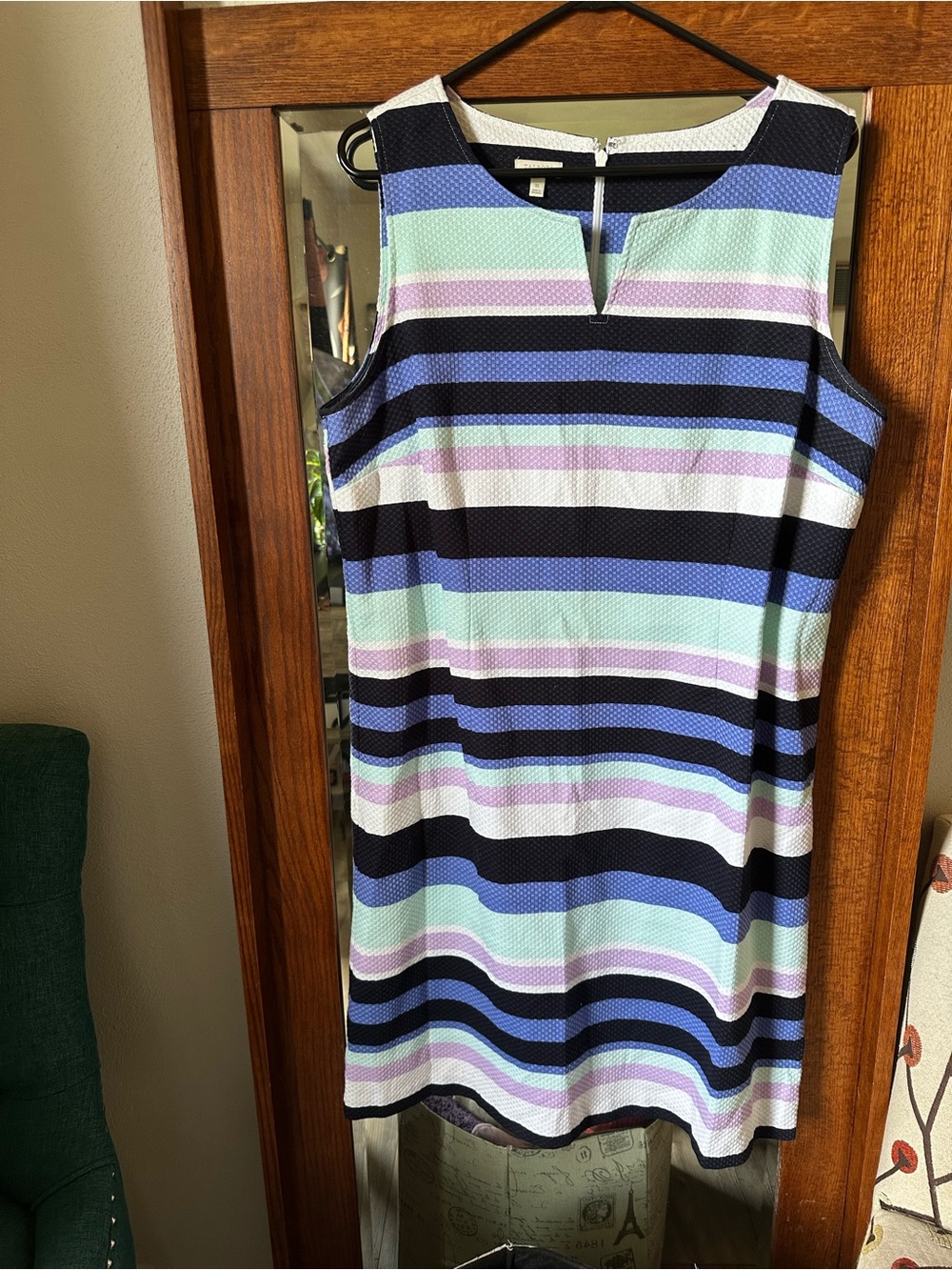 Sleeveless Striped Shift Dress in Navy, Mint & Lavender